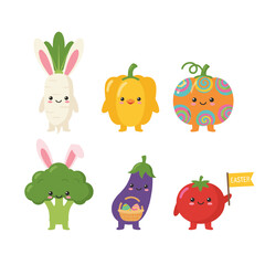 Funny Easter Vegetable Characters with Bunny Ears and Easter Eggs Featuring Radish Bell Pepper Pumpkin Broccoli Eggplant and Tomato Kawaii Icons