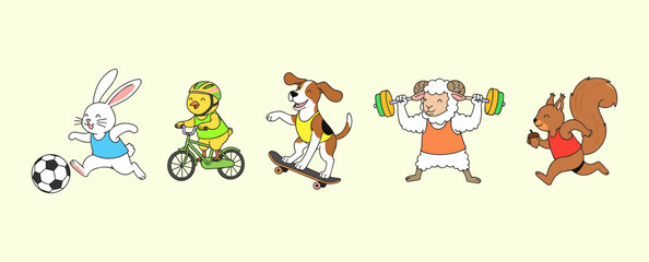 Group of cute animals playing sports including rabbit playing soccer and sheep lifting weights, active lifestyle cartoon vector illustration set