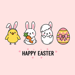 Happy Easter greeting card with cute chick and rabbits holding carrots and eggs, kawaii animal characters in pastel colors vector illustration