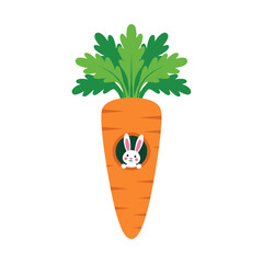 Cute little white rabbit peeking out from a hole in a large orange carrot, creative spring animal concept vector illustration isolated on white