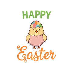 Hand drawn Happy Easter greeting card illustration with a cute yellow chick wearing a colorful eggshell hat and geometric pattern details on white.