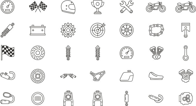 Automotive racing line icons set with car parts speed tools motorsport symbols vector illustration outline collection