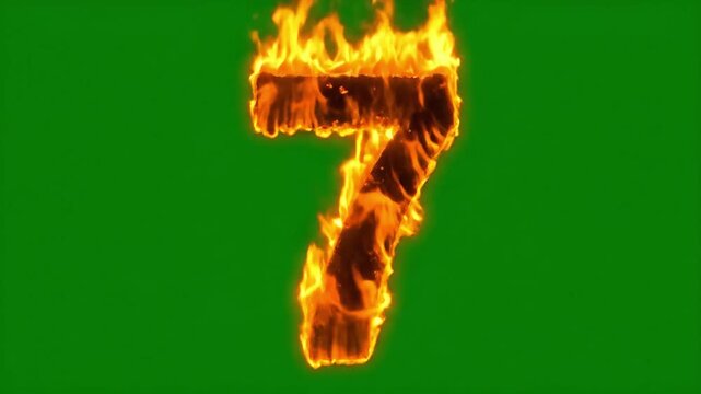 Fiery burning number seven numeral on a chroma key green screen background perfect for overlays visual effects and video compositions countdown element hot lucky seven design element