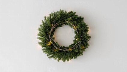 Minimal Christmas Wreath on White Wall with Fairy Lights
