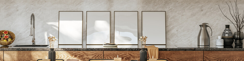 Mock up poster frame in kitchen interior, Scandinavian style, panoramic background, 3d render