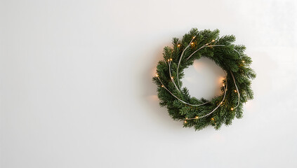 Minimal Christmas Wreath on White Wall with Fairy Lights