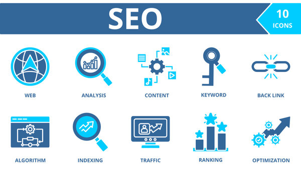 SEO  icon collection set. Containing Web, analysis, content, Keyword, backlink, algorithm,indexing,traffic, ranking, optimization . dual tone vector.