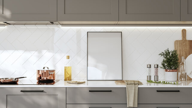 Frame mockup in modern kitchen interior background, 3d render