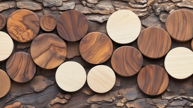 Interlocking smooth wooden discs of varying natural wood colors and textures arranged on a textured bark background