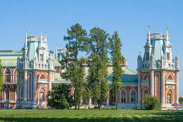 The turrets of the ancient Grand Tsaritsyno Palace on a sunny May day. Moscow, Russia © sikaraha