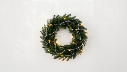 Minimal Christmas Wreath on White Wall with Fairy Lights
