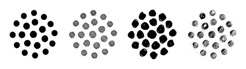 Fototapeta premium Set of four black hand-drawn dot patterns showing a progression of textures from simple solid circles to crosshatch, brush stroke, and distressed grunge sketch styles