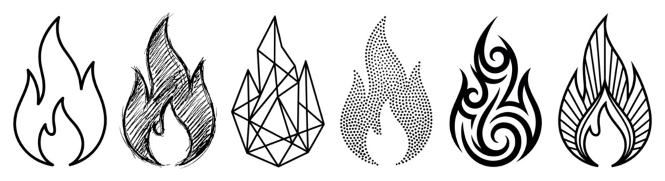 Set of six black fire flame icons in various artistic styles like sketch, geometric, tribal, and stippled, representing a collection of creative design elements and symbols
