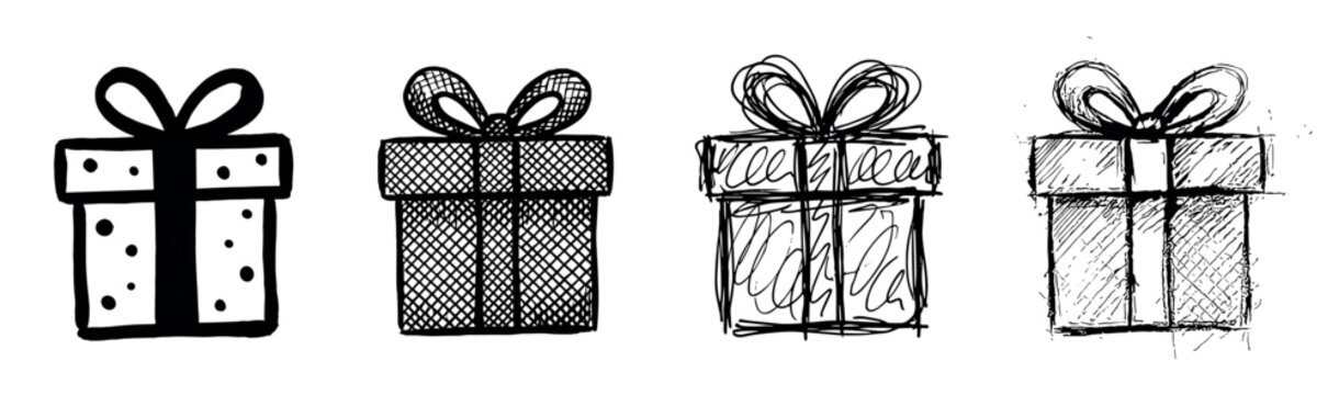 Four hand-drawn black ink gift boxes presented in a row, a set of doodle illustrations with various sketch patterns like polka dots, crosshatching, and scribbles
