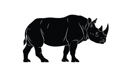a striking black silhouette of a rhinoceros standing on a white background © Rakib