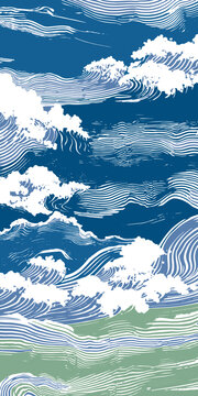 Vibrant Japanese-inspired abstract background featuring rhythmic white waves and clouds on a blue and green gradient. Detailed hand-drawn woodblock etching creates a modern aesthetic.