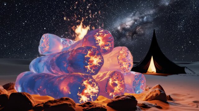 Burning Ice Logs Near Tent Under Starry Night Sky With Milky Way