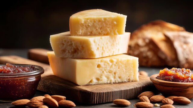 Close-up of sliced manchego cheese stacked neatly on a wooden cheese board.