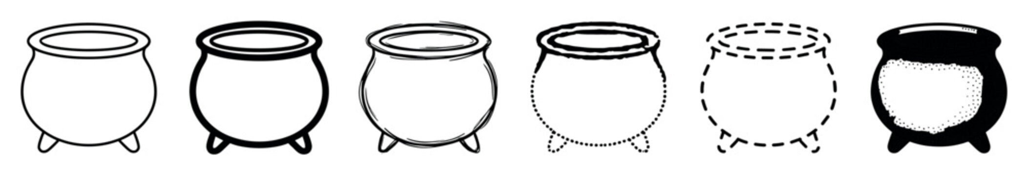 Six black and white witch cauldron icons in various artistic styles including line art, sketch, dotted, dashed, and silhouette for graphic design elements