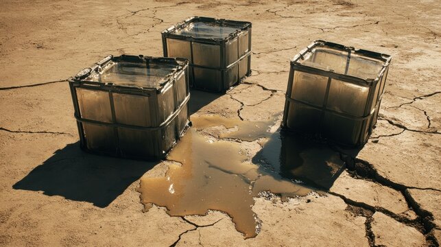 Overturned plastic IBC totes spilling residual liquid onto cracked dry ground