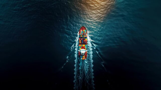 Aerial view of an empty container ship on the open sea, with colorful containers stacked high.