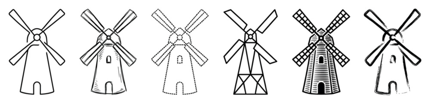 Set of six black windmill icons presented in various artistic styles like hand-drawn sketch, geometric, dashed line, brush stroke, and bold linocut illustrations