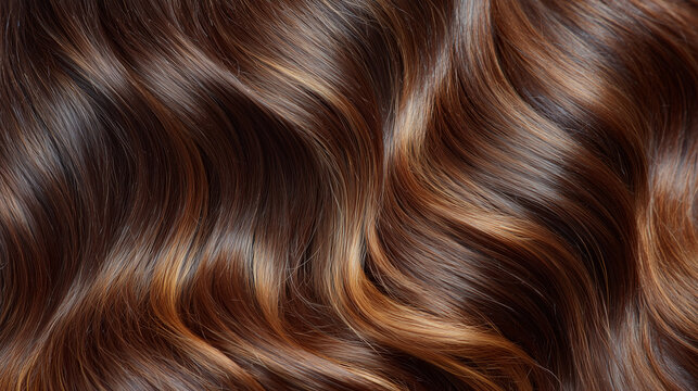 Close-up beauty shot of long brown hair with warm undertones, soft waves creating depth and movement, defocused background, high-detail hair texture photography