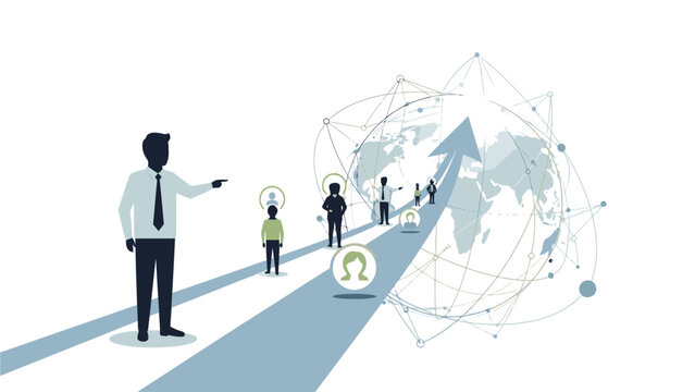 Illustration of a businessman pointing towards a group of people standing on a blue path leading to a global network and world map with connected lines and nodes.