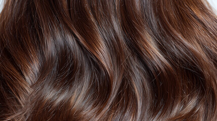 Naklejka premium Extreme close-up of healthy brown hair, individual strands and layers visible, glossy finish, soft diffused lighting, minimal background, cosmetic advertising style