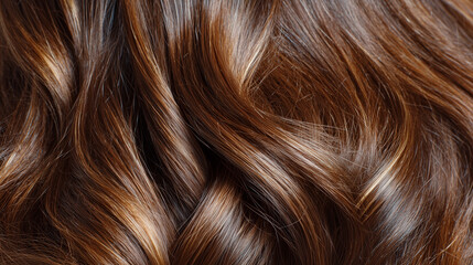 Naklejka premium Macro close-up of brown-colored hair with visible strand definition, gentle highlights and lowlights, soft diffused lighting, premium hair care advertising aesthetic