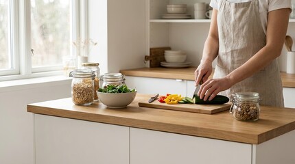 Woman Preparing Homemade Meal in a Modern Minimalist Kitchen, Frugal Lifestyle