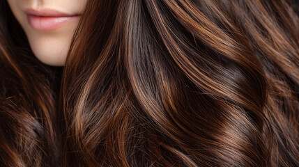Fototapeta premium Close-up beauty detail of healthy brown hair, fine strands catching the light, natural texture emphasized, blurred neutral background, realistic hair photography