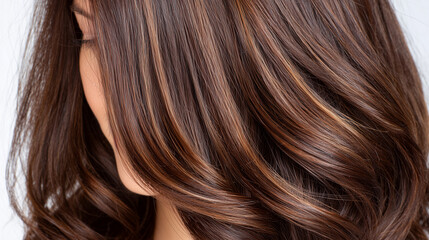 Naklejka premium High-resolution close-up of a womanâs brown hair, layered strands and subtle highlights in focus, smooth bokeh background, professional cosmetic photography style