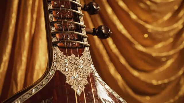 A close-up of a stringed musical instrument with intricate designs and gold curtains