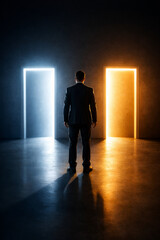 Obraz premium Businessman Standing Between Two Doors Representing Career Decision
