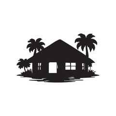 Silhouetted Tropical Cottage and Palm Trees for Summer Theme
