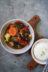 Thai Eggplant Curry served with Jasmine rice, selective focus