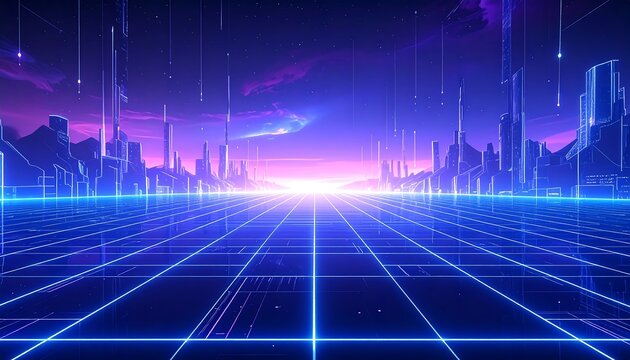 A glowing digital city grid stretching forward showing abstract futuristic technology background