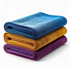 Three Folded Glittery Fabric Rolls Blue Gold Purple Stacked Clean Surface Studio Lighting Soft Shadows