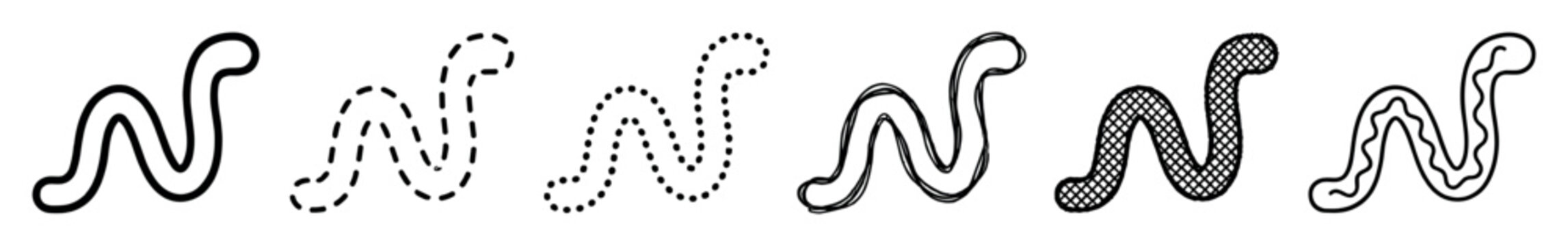 Set of six black snake icons with different outline styles including solid, dashed, dotted, sketchy, crosshatch, and wavy patterns in a minimalist graphic design illustration