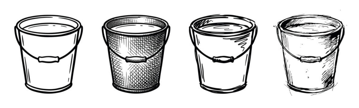 Four hand drawn buckets filled with water are presented in a row, each with a unique artistic sketch style from clean line art to rough cross-hatching illustration