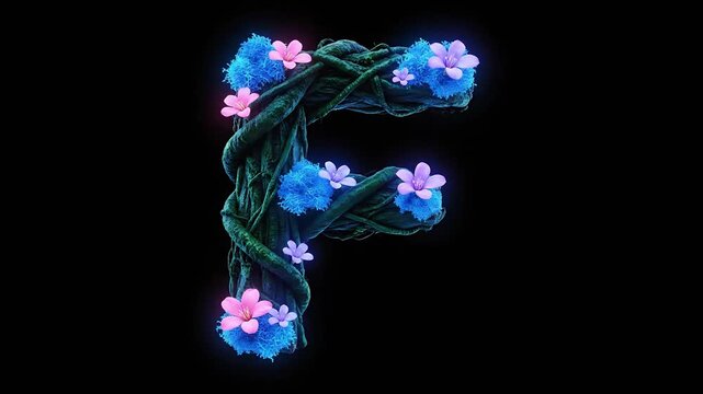 Organic vine letter F wrapped in twisting jungle roots with glowing blue bioluminescent flowers against a dark black background 3D render illustration