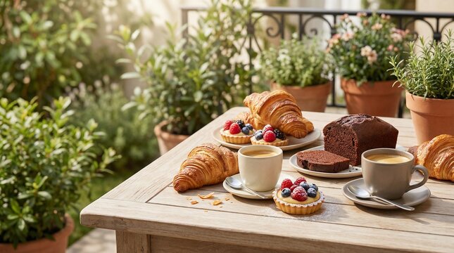 Breakfast pastries and coffee on wooden table in garden setting  