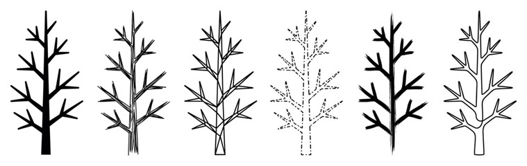 Obraz premium Set of six minimalist tree illustrations in various graphic styles including silhouette, outline, dashed line, and hand-drawn brush stroke for design elements