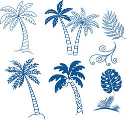 Obraz premium Collection of blue tropical palm tree embroidery designs and foliage elements