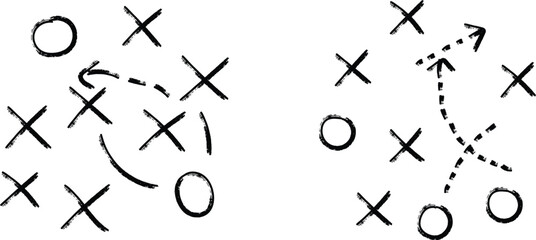 Hand drawn football plays showing offensive and defensive strategy formations