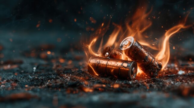 Three burning shotgun shells are engulfed in flames, set against a dark background, symbolizing destruction and violence in a powerful visual narrative of conflict.
