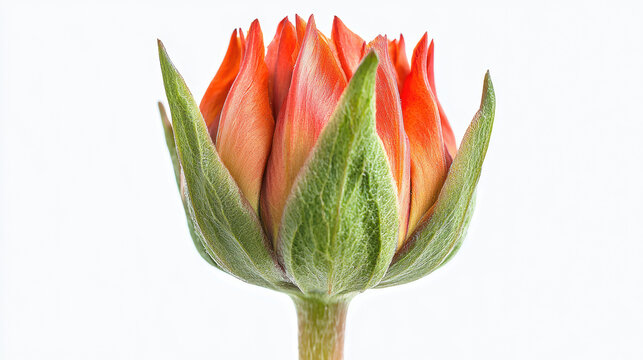 A vibrant orange gazania flower bud with detailed green sepals is photographed close up against a bright white background, ready to bloom in the sp sun.