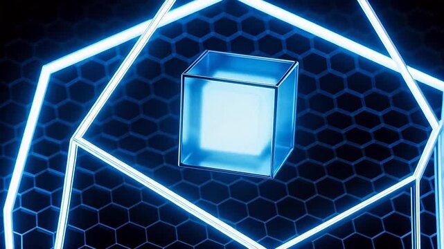 Transparent blue cube with glowing edges on a hexagonal grid background

