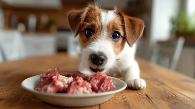 A charming puppy eagerly looking at a plate of raw meat, filled with playful curiosity and highlighting the bond between pets and food that many dog owners can relate to.